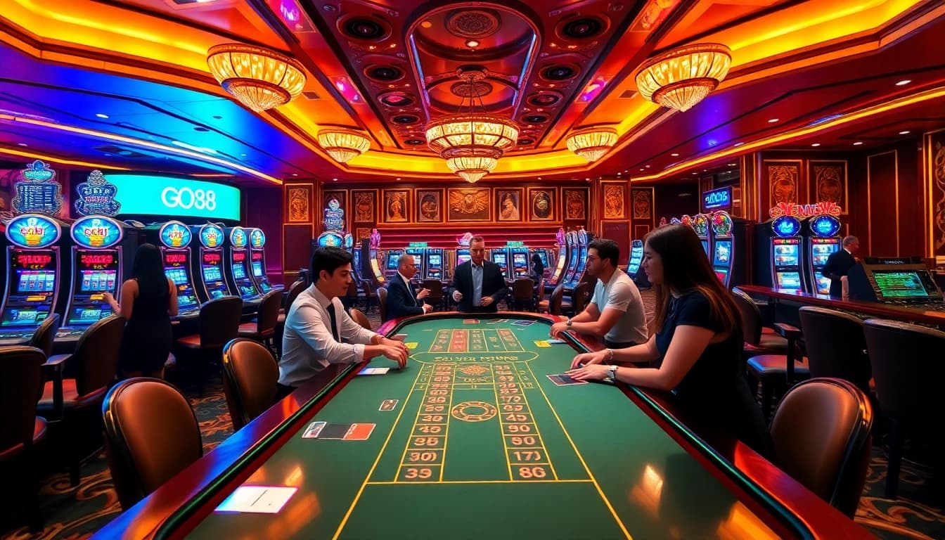 GO88 casino gaming table with players and dealers showcasing high-stakes card games.