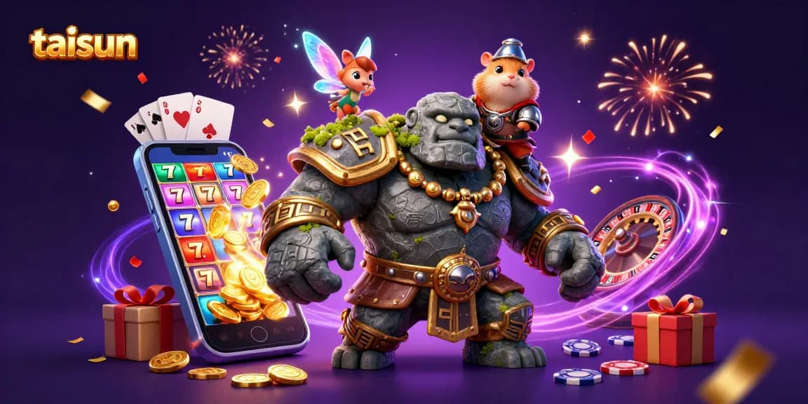Play thrilling slot games with taisun as golden coins and cards dynamically scatter around a magical scene.