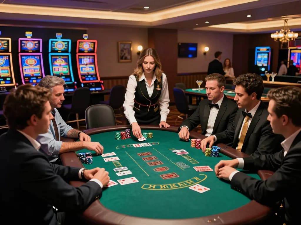 Players engaging in an exciting blackjack game at MB66 casino, showcasing strategic gameplay under luxurious lighting.