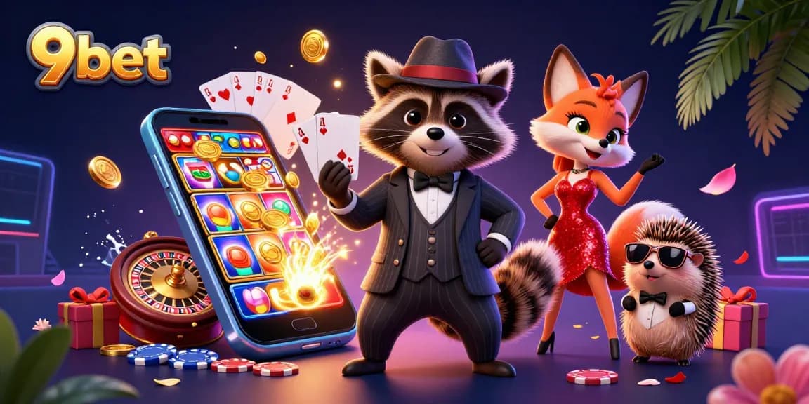 Engage with 9bet's vibrant casino scene featuring cartoon characters in a dynamic gambling atmosphere.