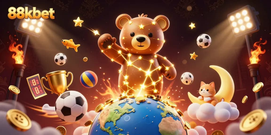 Experience the excitement of 88kbet as golden stars and sports elements blend in a vibrant gaming scene.