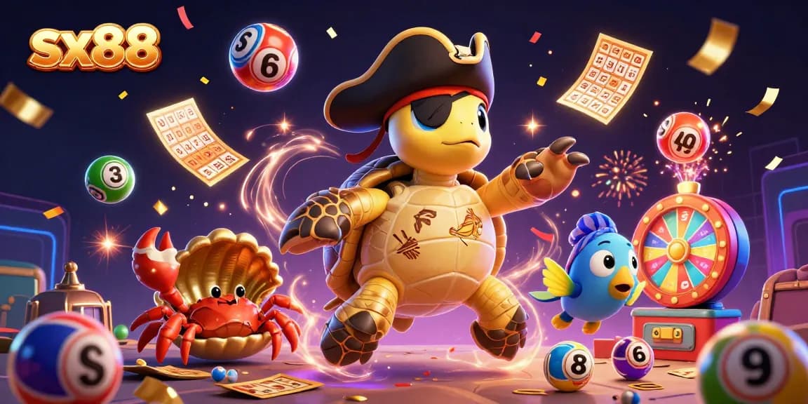 Spin to win with sx88 as colorful lottery balls and golden prizes float around a pirate-themed scene.