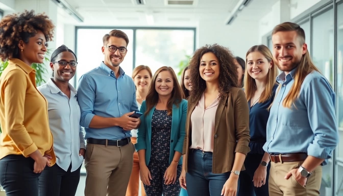 Professionals exploring Stellenangebote in a bright office, highlighting teamwork and diverse talent.
