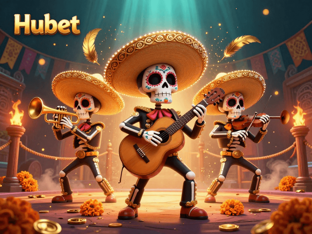 Engage with Hubet's thrilling casino experience featuring vibrant skeleton mariachi musicians in a colorful gambling scene.