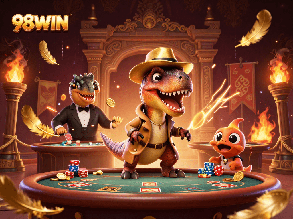 Experience thrilling blackjack at 98WIN with a velociraptor card counter and vibrant casino atmosphere.