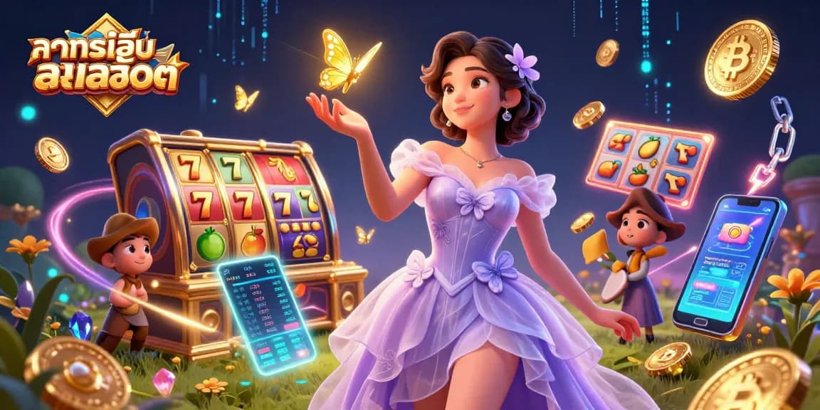 Experience ทดลองเล่นสล็อต with stunning visuals of slot reels and digital currency in a vibrant 3D scene.