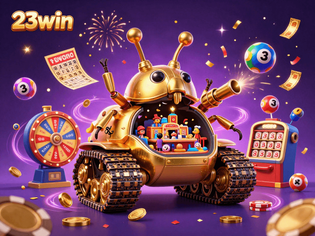 Engage with 23win's vibrant golden beetle casino, as lottery balls and tickets burst into action!