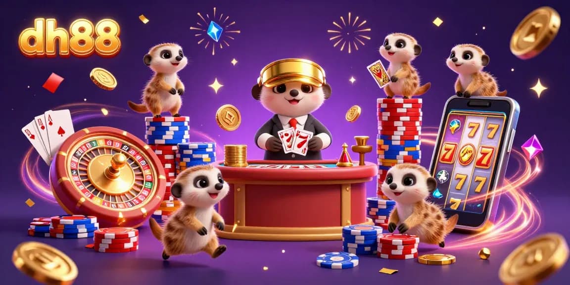 Engage in exciting gaming at dh88 with lively meerkats operating a colorful casino setup, enhancing your winnings!