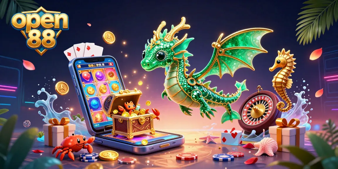 Experience the thrill of open 88 with this vibrant 3D illustration featuring a magical dragon and casino elements.