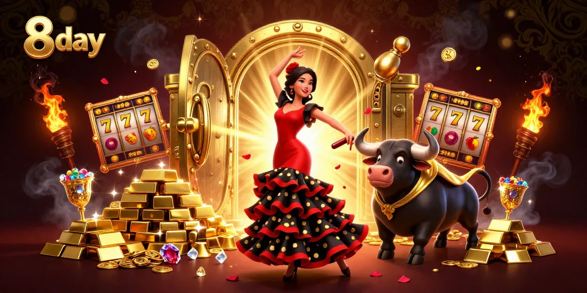 Engage with 8 day casino excitement featuring a flamenco dancer amidst gold and jackpot reels.