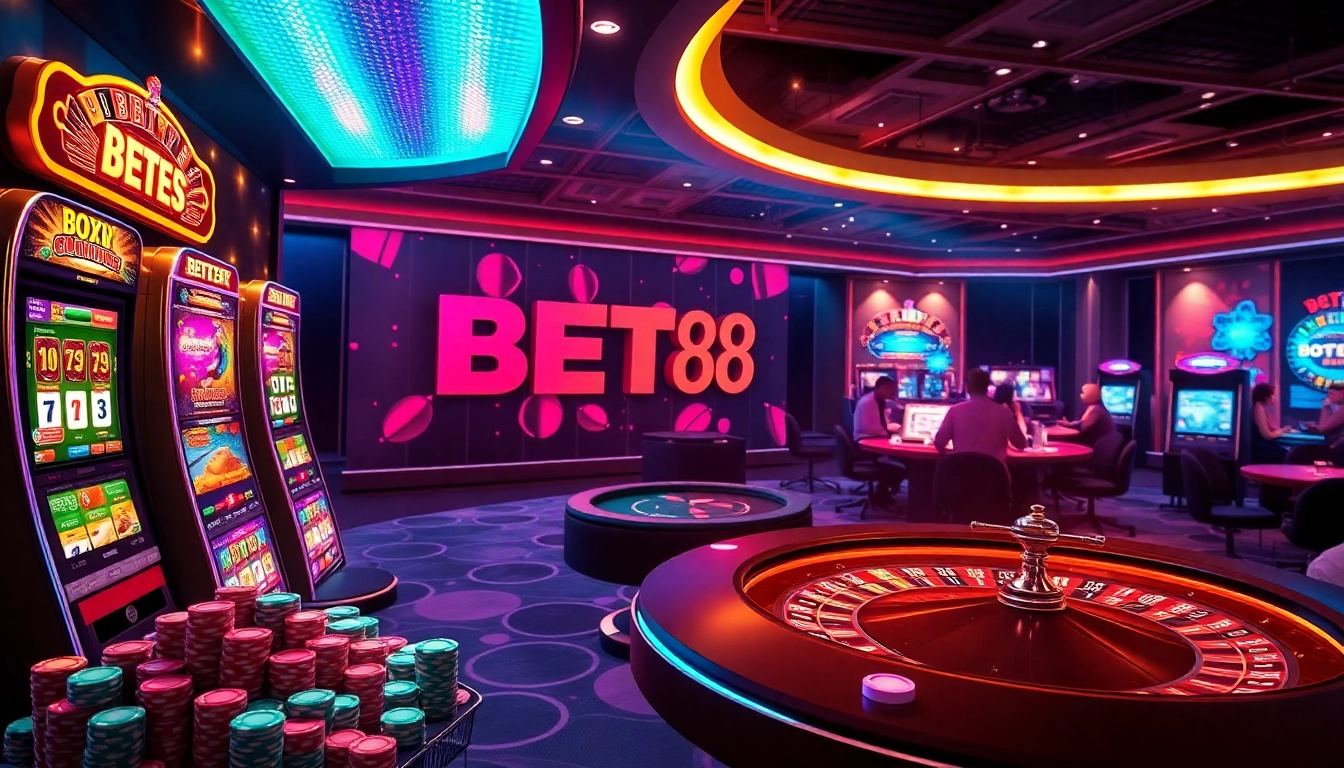 BET88 online casino interface showcasing colorful poker chips and exciting games.
