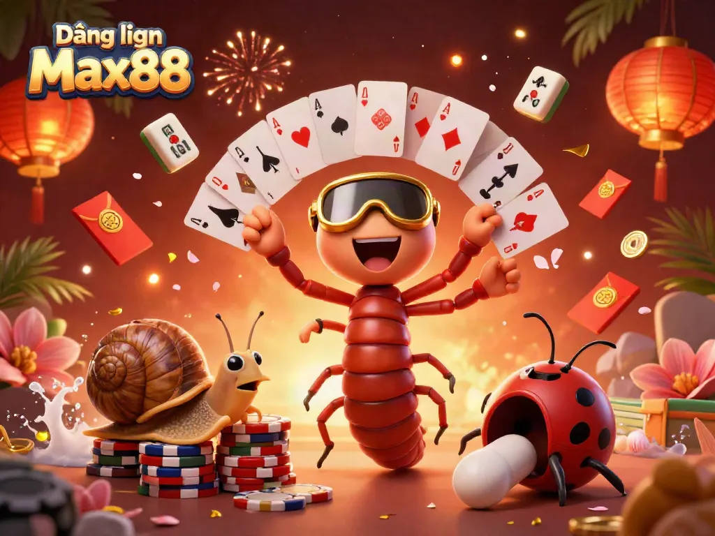 Engage in thrilling gameplay with Đăng nhập Max88, featuring a colorful casino dealer scene and dynamic game elements.