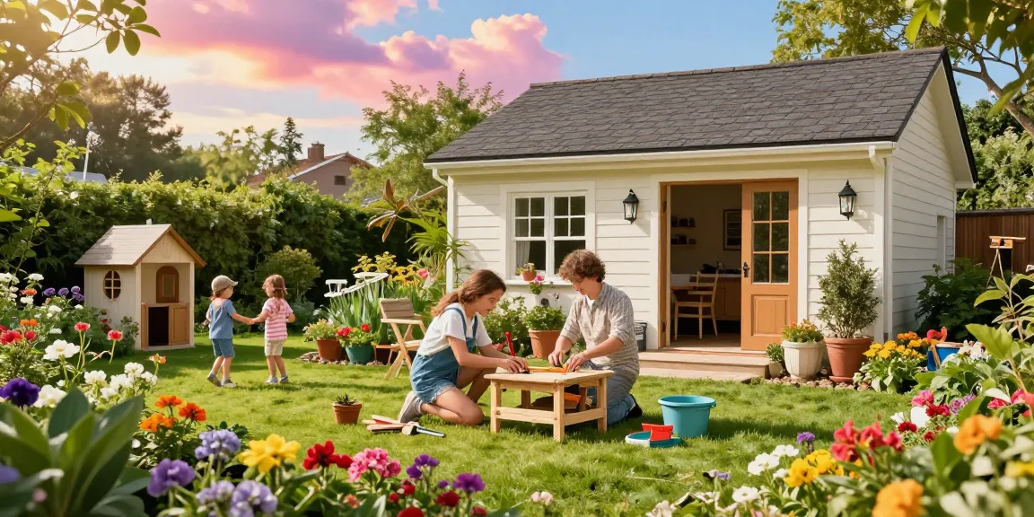 Bezaubernde Gartenhäuser in einer blühenden Gartenlandschaft mit Familie beim Spielen und Möbel aufstellen.
