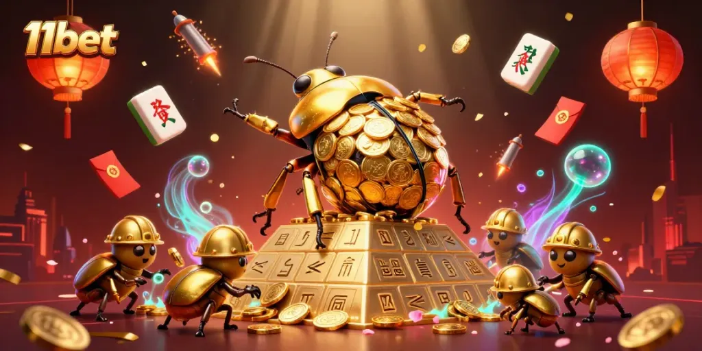 Engage in thrilling games at 11bet with vibrant 3D casino elements and dynamic golden characters.