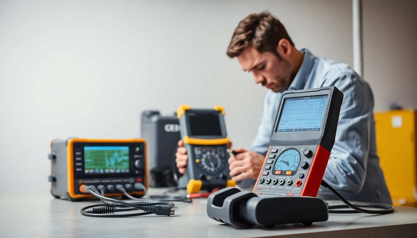 Techniker führt eine DGUV V3 Prüfung mit modernem Prüfgerät durch, um elektrische Sicherheit zu gewährleisten.