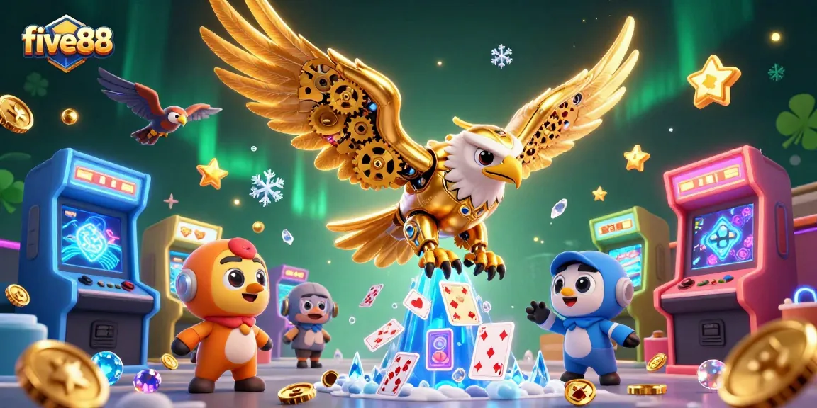 Experience dynamic gaming action with five88, featuring a vibrant casino scene with a golden eagle diving through cards.