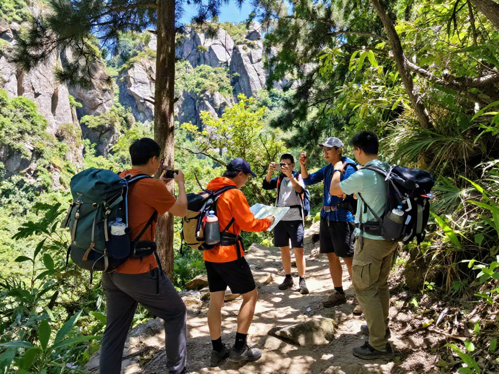 Group of adventurers exploring hiking trails with rokok88 gear under sunlight.