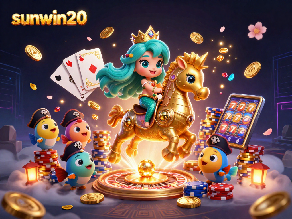 Experience sunwin20's exciting magic with mermaid princess riding a seahorse amid vibrant casino elements.