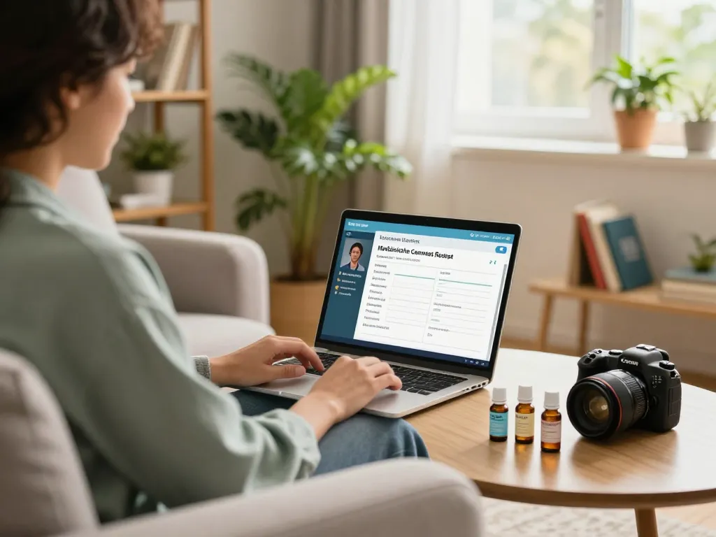 Person, die online für ein Medizinisches Cannabis Rezept in einer entspannenden häuslichen Umgebung konsultiert.
