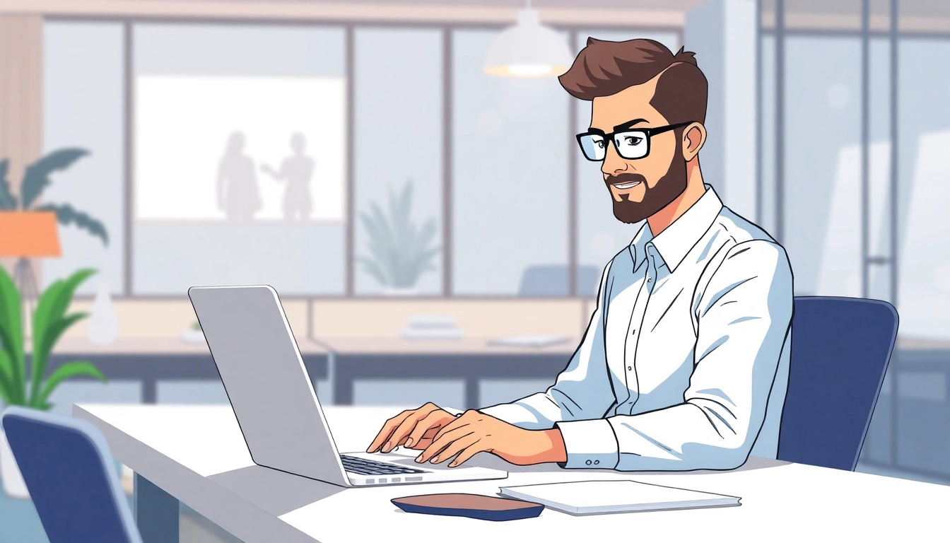 Headhunter actively engaging with candidates using technology in a bright office setting.