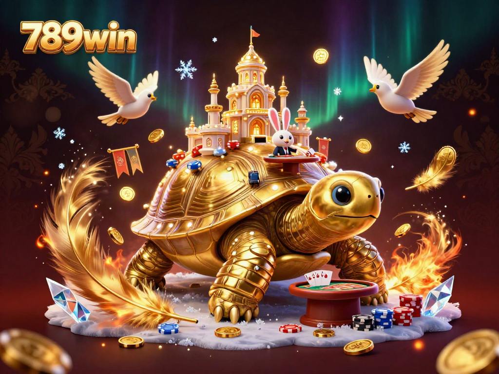 Experience the thrill of 789win with a vibrant casino scene featuring a golden tortoise and a rabbit dealer.