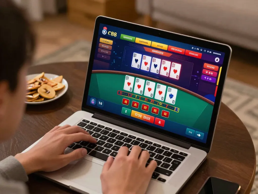Players enjoying sc88 online casino games on a laptop, showcasing a live dealer blackjack interface in a cozy home setting.