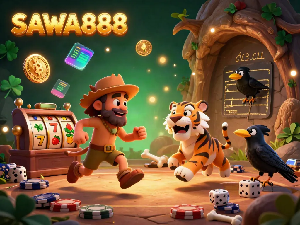 SAWA888 brings excitement with prehistoric casino elements featuring vibrant characters and glowing cryptocurrency coins.