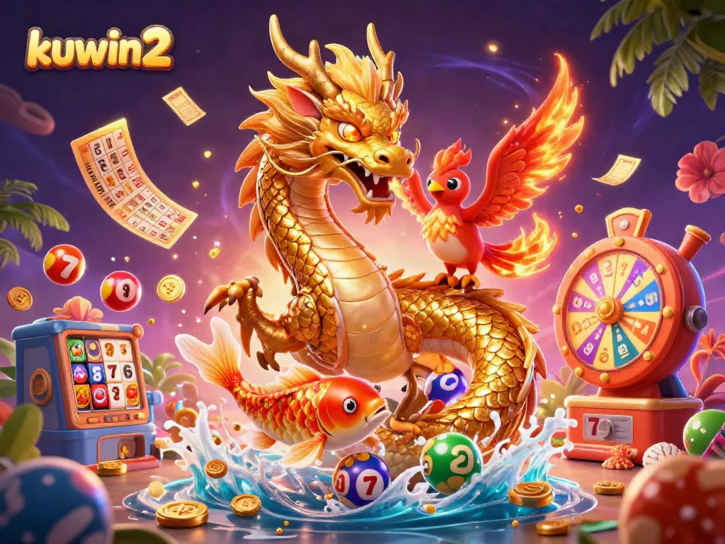 Experience thrilling gameplay at kuwin2 with vibrant dragon, phoenix, and koi fish amidst lively casino elements.