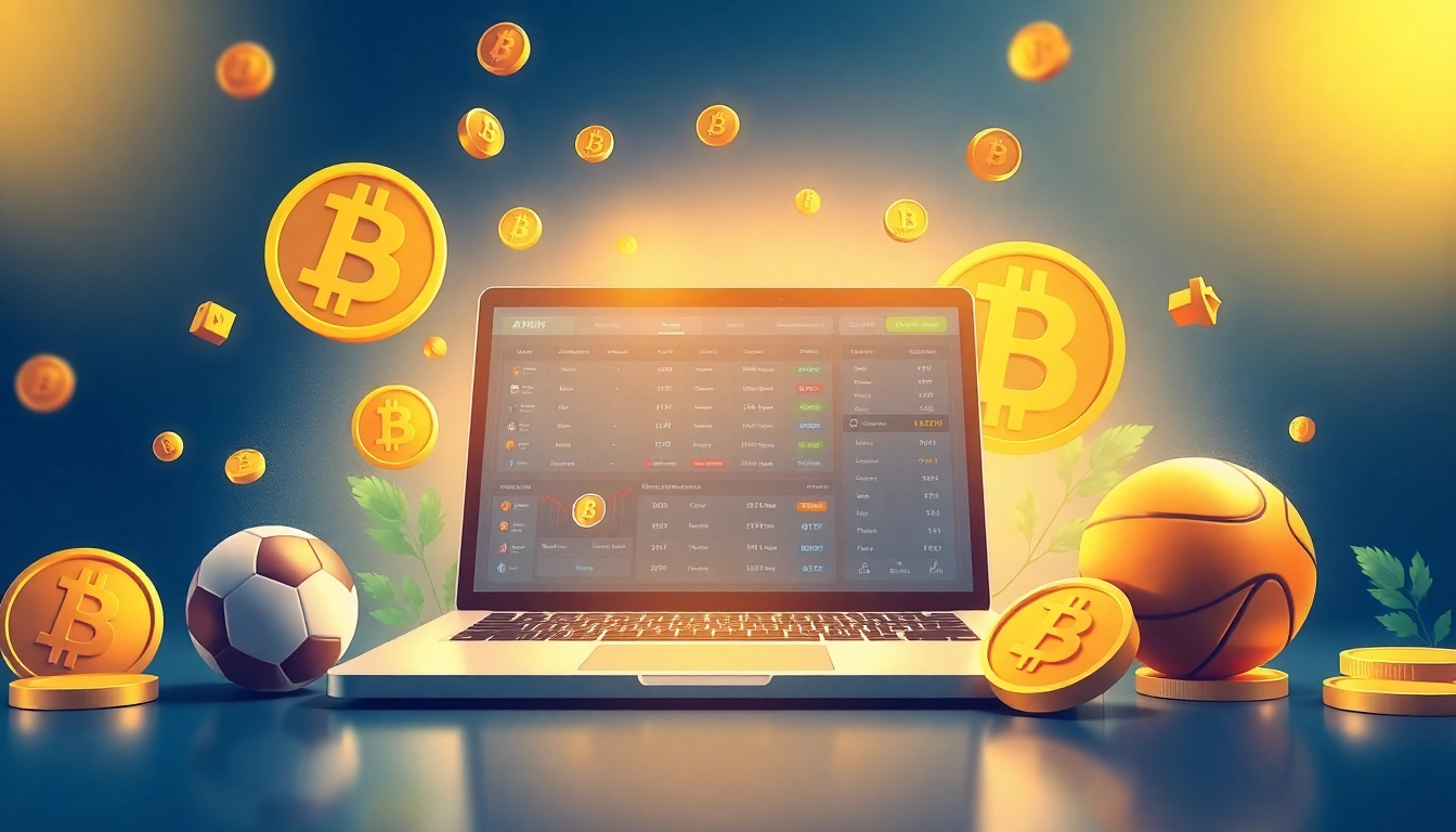 Explore Bitcoin online sports betting through an engaging digital illustration of a modern betting platform.