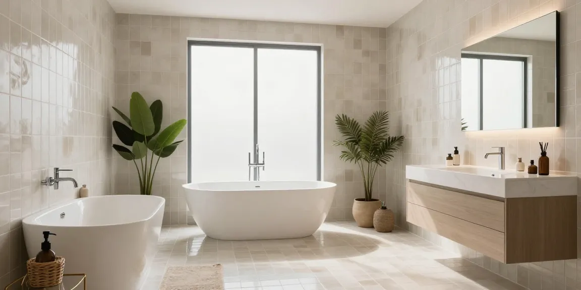 Stijlvolle moderne badkamer met hoogwaardige badkamer tegels, elegante armaturen en natuurlijk licht.