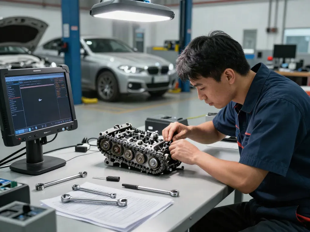 Mechaniker überprüft den Steuerkette wechseln in Hannover in einer Werkstatt.