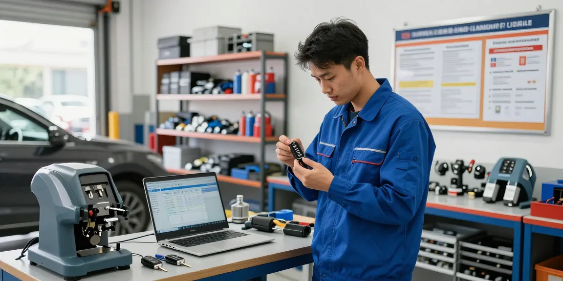 Autoschlüssel verloren? Professioneller Techniker prüft Autoschlüssel in einer gut beleuchteten Werkstatt.