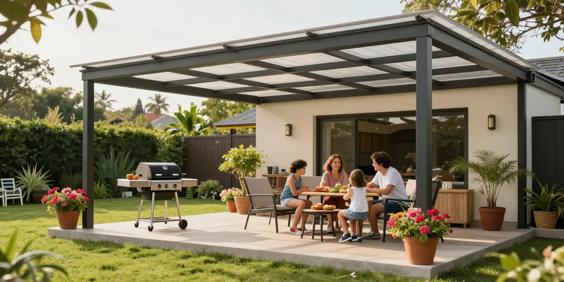 Freistehende Terrassenüberdachung mit Familie, die einen sonnigen Nachmittag im Garten genießt.