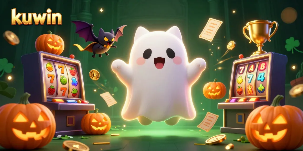 Kuwin’s haunting casino scene with a friendly ghost cat and golden bat showcasing exciting slot games.