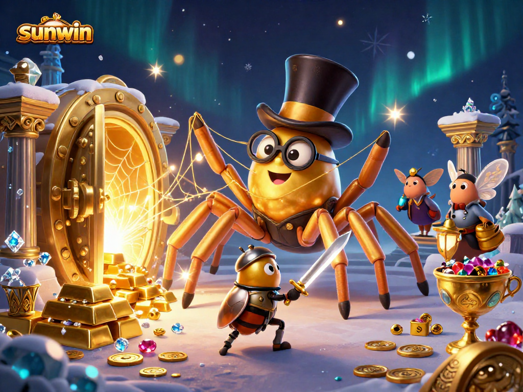 Engage with the sunwin gaming experience amidst a mystical casino scene featuring vibrant 3D characters.