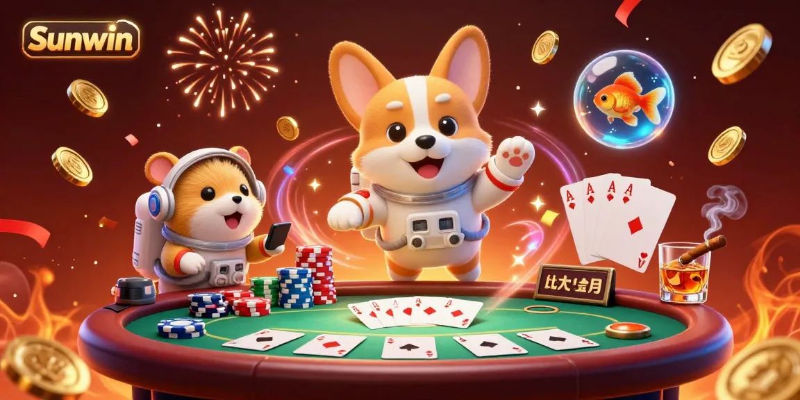 Experience Sunwin's vibrant casino atmosphere with a joyfully floating corgi and engaging mission-control hamster.