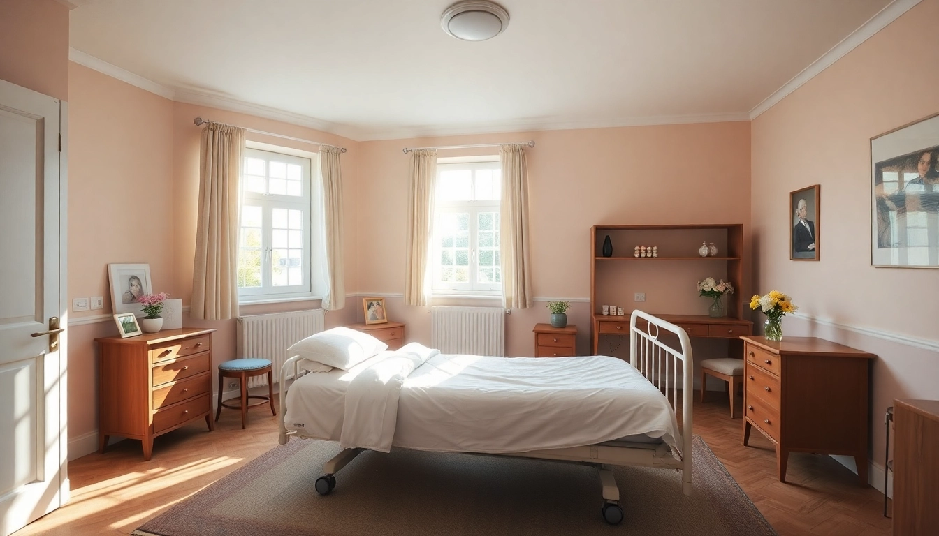Pflegefachkraft Stelle Hameln: Ein lichtdurchflutetes Pflegezimmer mit Möbeln und Pflegebett.