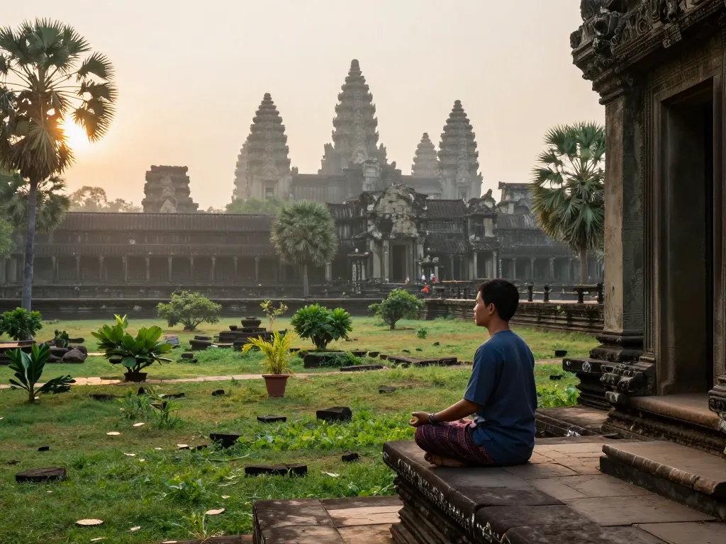 Kambodschanische Staatsbürgerschaft Reise mit einer Person, die in Angkor Wat meditiert und das kulturelle Erbe symbolisiert.