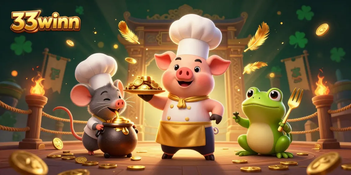 Experience 33winn: dynamic casino scene with a chef pig serving golden coins amidst gambling elements