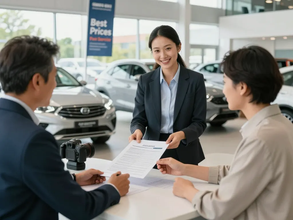 Kundenengagement im Autohandel mit transparentem Fahrzeugbewertungsprozess und optimistischer Atmosphäre.