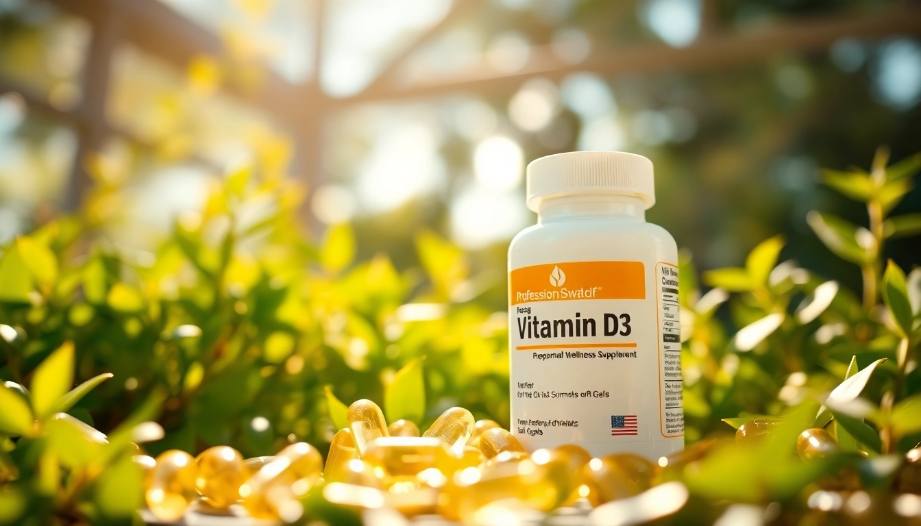 Vitamin D3 Supplement soft gels displayed among green plants, promoting health.
