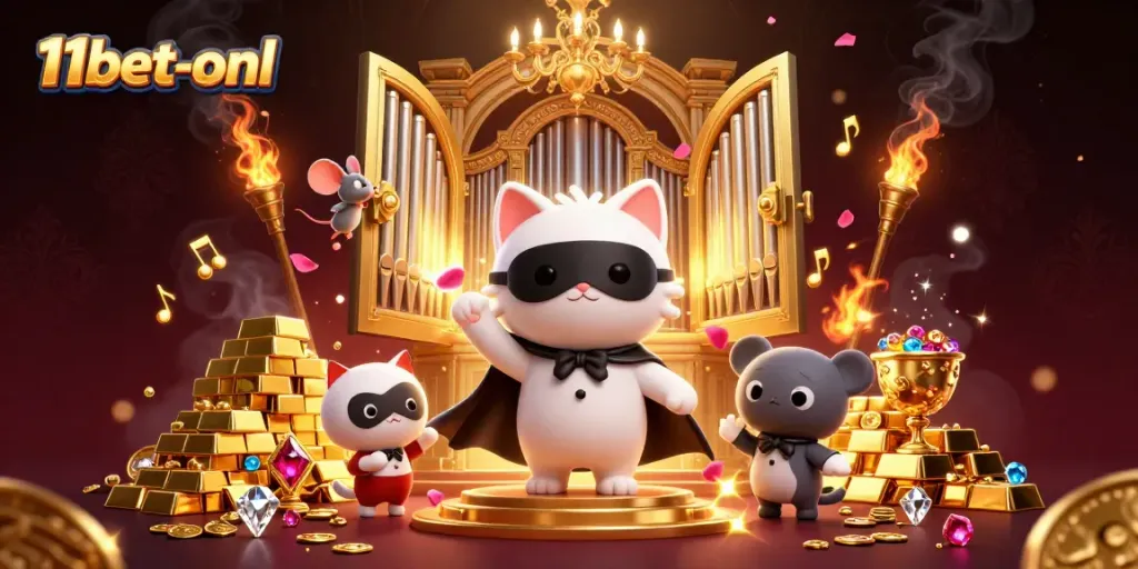 Engage in thrilling games with 11bet-onl, featuring captivating casino characters and dynamic gold elements.