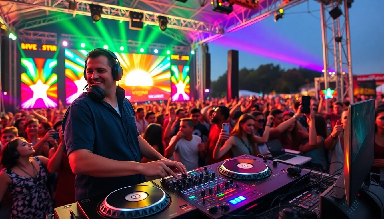 DJ in München entertains the crowd at a lively outdoor festival with vibrant lights.