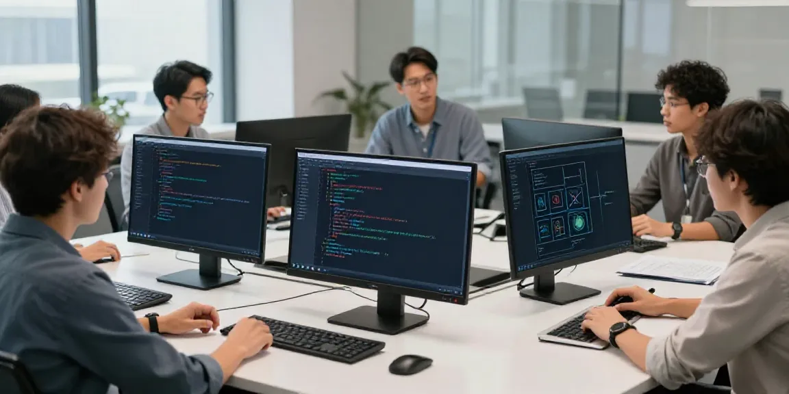 gg in einer modernen Entwicklerumgebung mit mehreren Bildschirmen, die Programmierung und Architektur zeigen, ideal für Softwareentwicklung und Cloud-Computing.