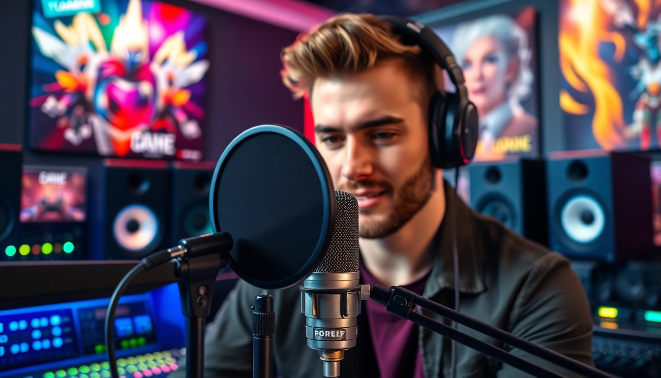 Durchführung eines Gaming Podcasts in einem modernen Studio mit dynamischem Ambiente.