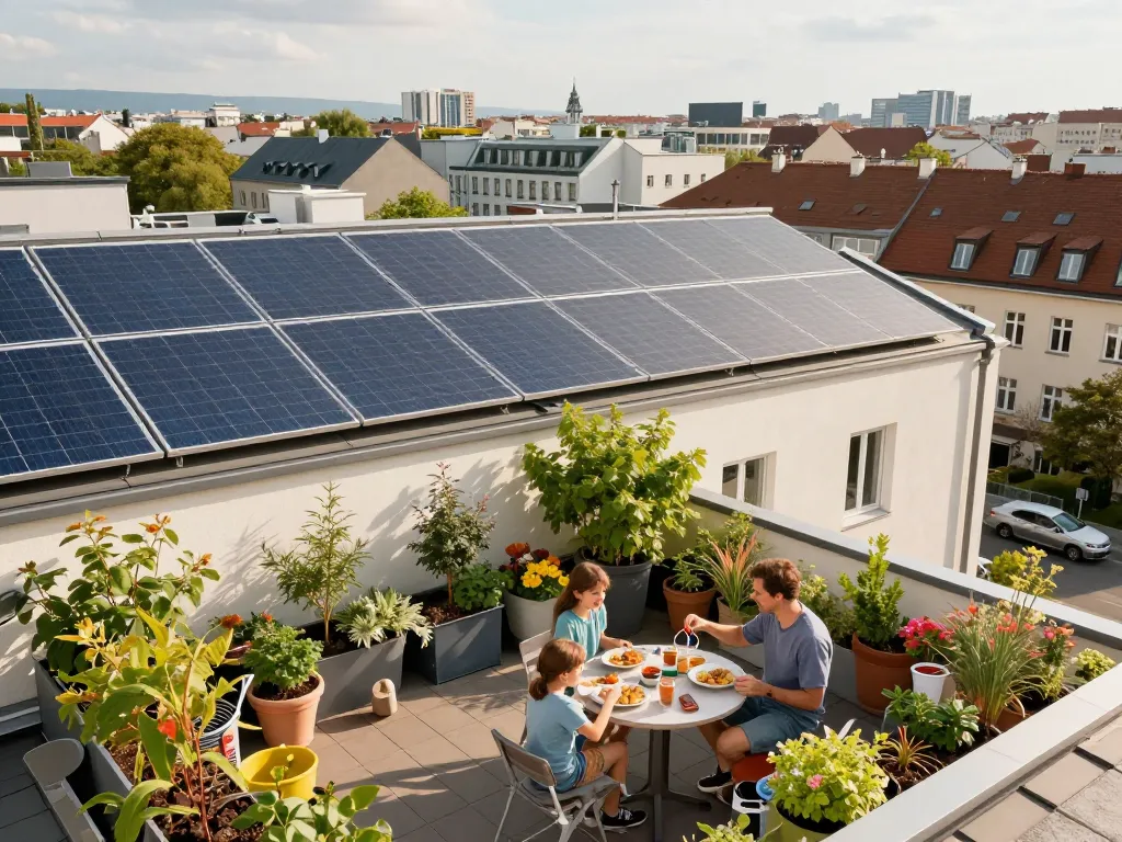Hausdach mit Photovoltaik Wien Solarpanels und einer glücklichen Familie, die die Sonne genießt.
