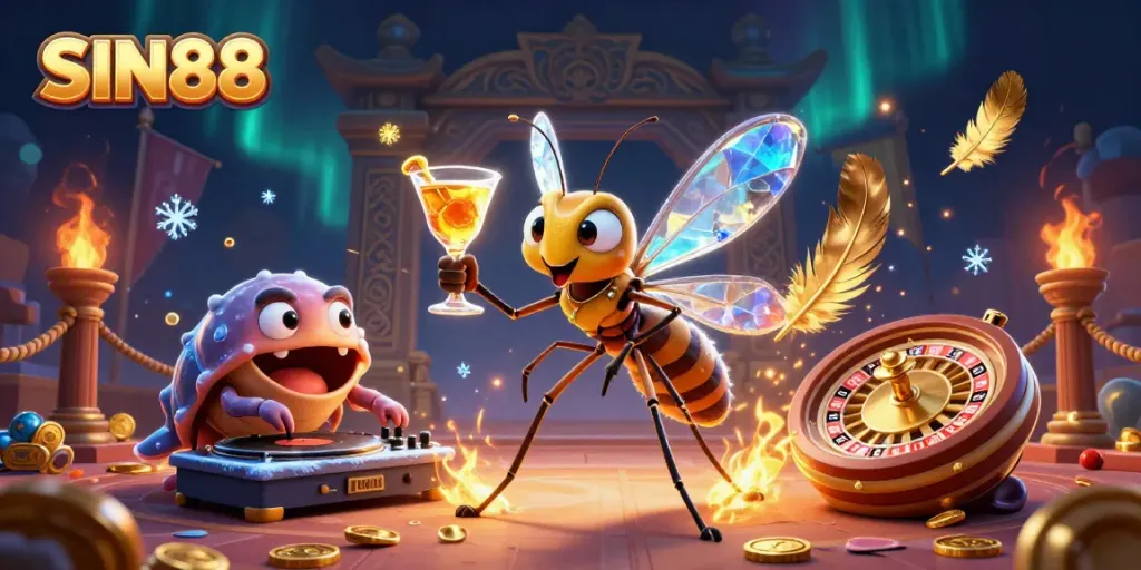 Experience thrilling gaming with SIN88, featuring a unique casino mascot and vibrant gambling elements.