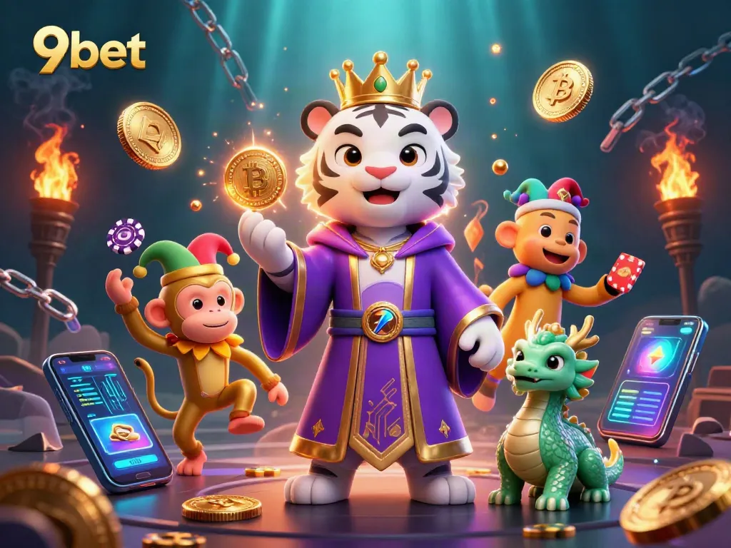 Engage with 9bet, featuring a white tiger, a jester monkey, and a jade dragon in a dynamic casino scene.