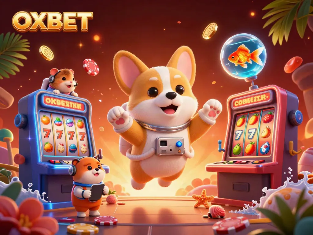 Experience OXBET with a dynamic 3D scene of a corgi astronaut floating in a space casino with lively gambling elements.