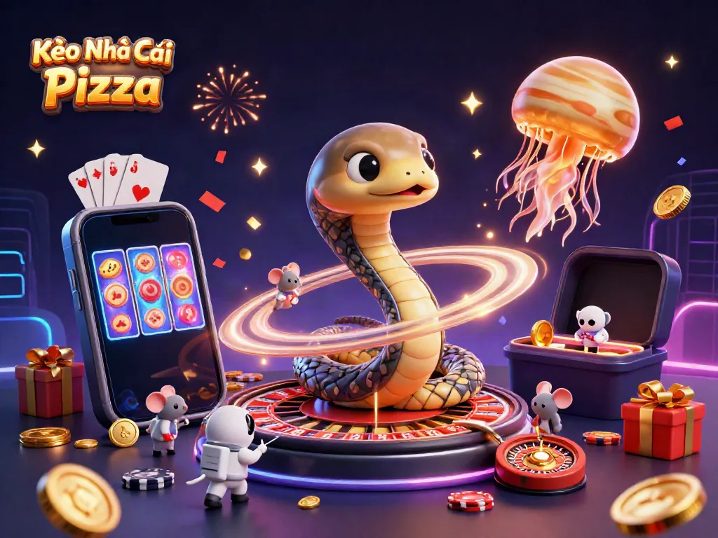 Kèo Nhà Cái Pizza brings excitement as cartoon characters engage in cosmic gambling amid colorful elements.